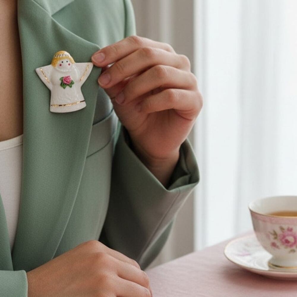 Vintage Ceramic Angel Brooch Christmas Holiday Pink Rose Lapel Pin VTG